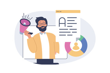 Marketing and development concept in modern flat design for web. Man with megaphone making data analysis, creating promotion strategy, advertising business project to audience. Vector illustration.