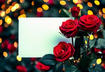 Surrounded by lush green leaves, a blank card lies among beautiful red roses, creating a romantic atmosphere enhanced by soft lighting, ideal for special messages. Generative AI