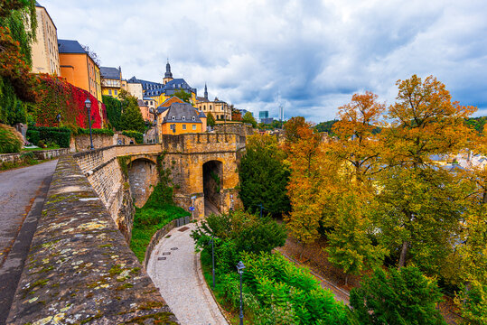 Luxembourg City:Cityscape of a beautiful small EU country in the old town, above Grund district, Europe travel destination