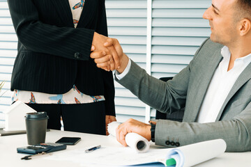 Businessman executive handshake with businesswoman worker in modern workplace office. People corporate business deals concept. uds