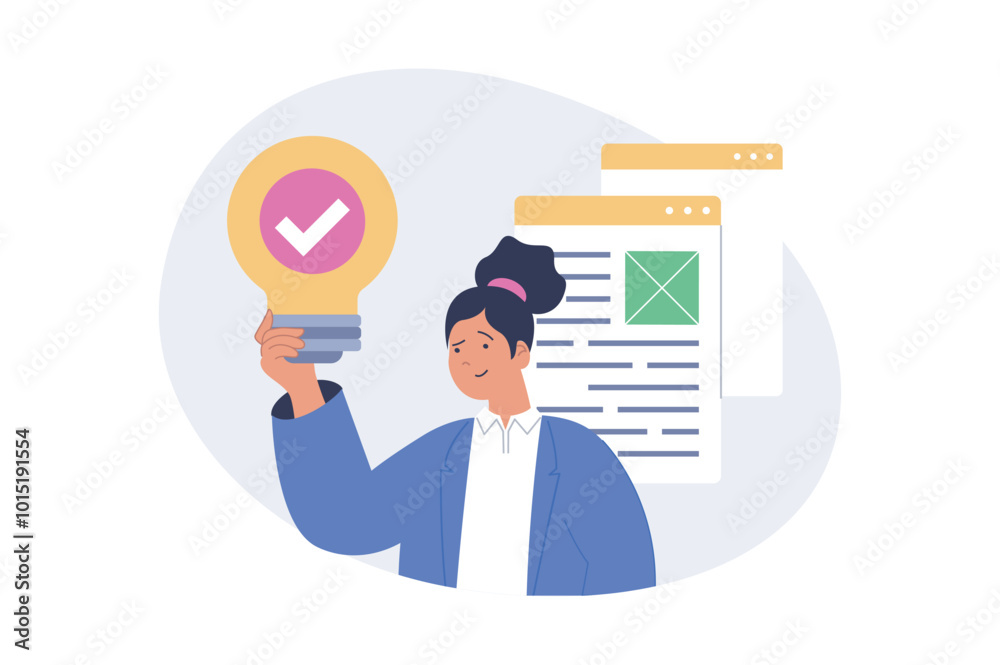 Poster marketing and development concept in modern flat design for web. woman brainstorming with inspiratio