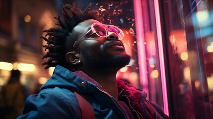 Obraz premium Black man enjoying music in neon city lights.