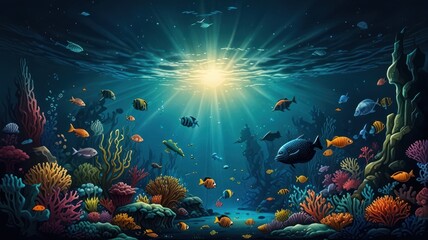 Naklejka premium realistic illustration of underwater life filled with sea creatures
