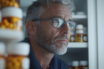 Fototapeta premium Middle-Aged Man Examining Pill Bottles in His Medicine Room | Health Management and Wellness Awareness