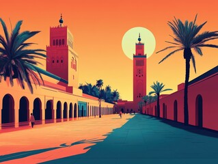 Fototapeta premium Sunrise Graphic Illustration of Koutoubia Mosque in Minimalist Retro Style