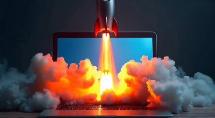 Rocket launch and taking off from laptop screen. Business Start up, Launching new product and service. a start up launch new business project.