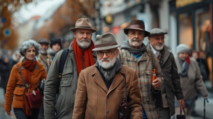 Fototapeta premium A group of distinguished elderly men walk together along a bustling city sidewalk, enjoying the crisp autumn air and lively atmosphere filled with colors