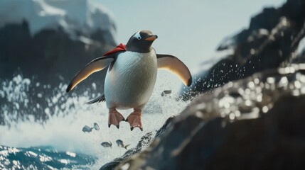 Fototapeta premium A penguin in a superhero cape, using a slingshot to launch fish into the air like the a blockbuster action movie