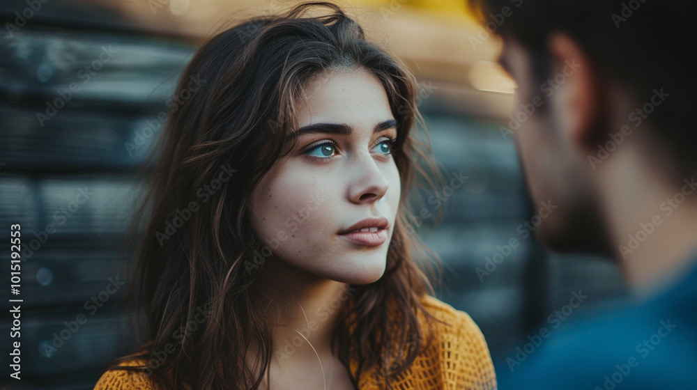 Canvas Prints A woman with blue eyes and brown hair is looking at a man