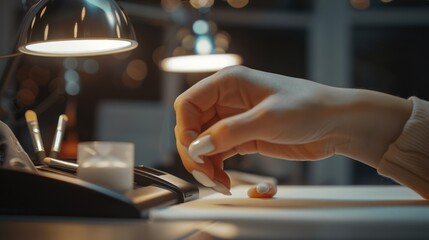 A Hand Reaching for a Makeup Brush on a Table