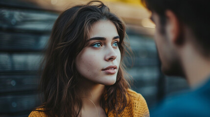 Fototapeta premium A woman with blue eyes and brown hair is looking at a man