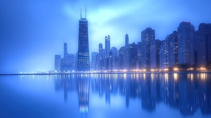 A stunning panoramic view of a city skyline reflecting in the water at dawn.