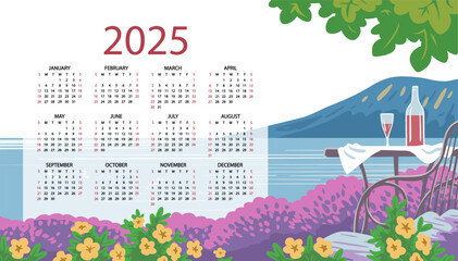 Calendar for 2025. Year, months, weeks and days with weekdays in English. Design for business management. Vector illustration. Landscape nature and resort