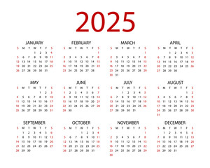 Calendar for 2025. Year, months, weeks and days with weekdays in English. Design for business management. Vector template on white background