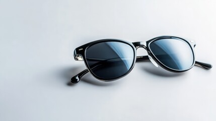 A stylish pair of black sunglasses resting on a clean white surface, perfect for fashion and accessory promotions