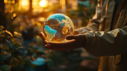 Fototapeta premium Hand Holding a Glowing Earth Model in Nature