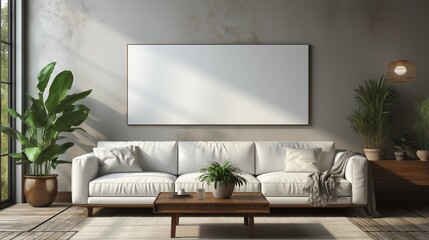 Bright living room interior with empty white poster, panoramic window