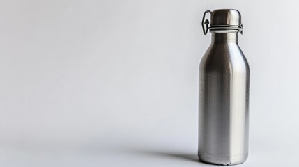 An isolated metal water bottle with a screw-on cap, set against a pure white backdrop, emphasizing hydration and fitness