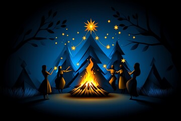 Minimalist Dussehra celebration, with abstract figures around a bonfire, showcasing the joy of the festival with simplicity