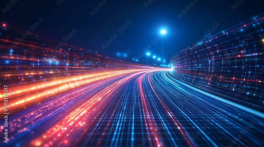 Poster abstract futuristic digital highway with glowing lights and speed lines.