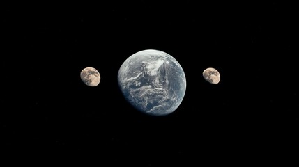 An artistic representation of Earth with two moons in space against a black background