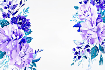 Beautiful watercolor purple flowers border. Floral design elements for wedding and party invitations with copy space