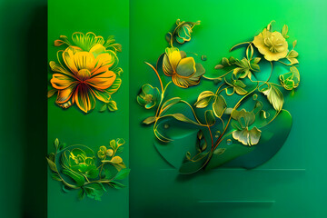 Bright ornate floral ornament on green background. Floral design elements, vignette for wedding and party invitations with copy space