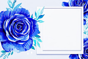 Gorgeous watercolor blue rose on border of blank card for writing text. Bright floral wedding invitation decor