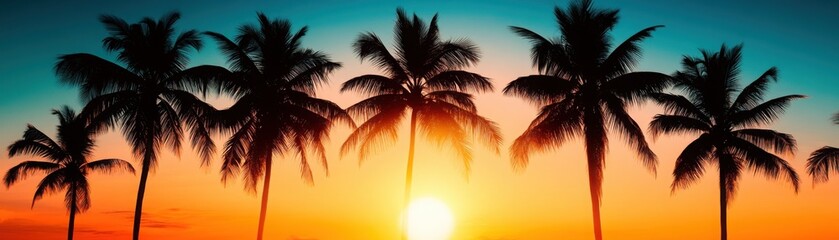 Vibrant Tropical Beach with Palm Trees at Sunset