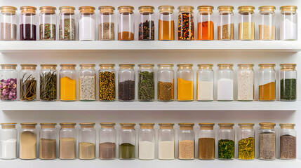 Obraz premium Neatly Organised Spice Rack with Various Spice Jars | Essential Kitchen Storage for Culinary Enthusiasts