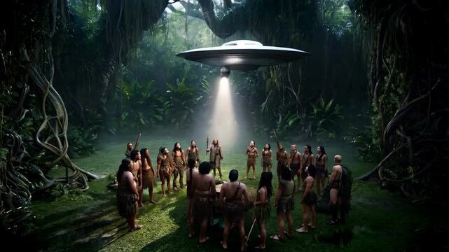 A fictional encounter between a primitive tribe's first contact with aliens. A flying saucer lands in the jungle. Great intro for videos about UFO conspiracy theories