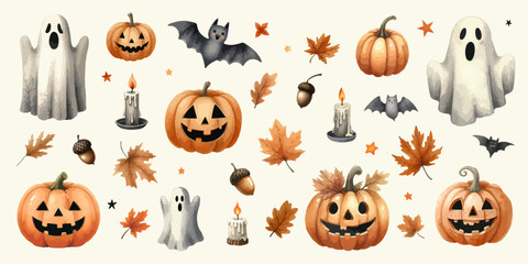 Watercolor Halloween elements and pumpkins on the white background.