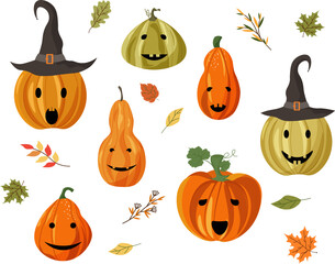 Fototapeta premium Funny pumpkins for Halloween. Set of cartoon characters. Vector illustration