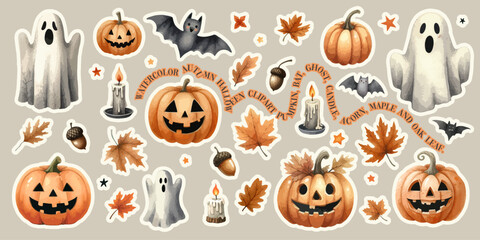 Watercolor Halloween elements and pumpkins on the white background.