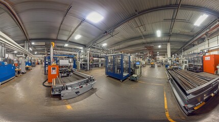 Industrial production hall, large manufacturing machines, metal equipment, conveyor belts, bright overhead lighting, spacious and organized layout