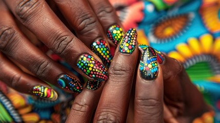 Close-up of African American Hands with Colorful Polka Dot Nail Art