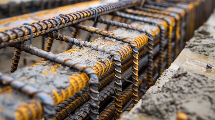 Close-up of Rusty Rebar in Concrete Formwork