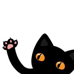 Kawaii Black kitten cat head face looking, cats paw. Cute cartoon character. Notebook cover, t shirt, greeting card print. Flat Vector