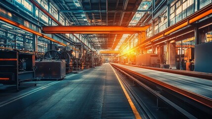 Obraz premium Industrial production hall, large manufacturing machines, metal equipment, conveyor belts, bright overhead lighting, spacious and organized layout