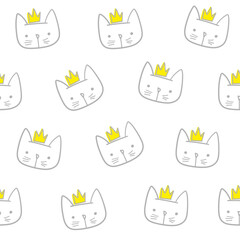Seamless pattern with princess cats faces. Vector background for kids design