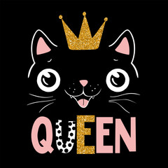 Hand drawn vector illustration of a funny cat queen with crown and text Queen. Isolated objects on white background