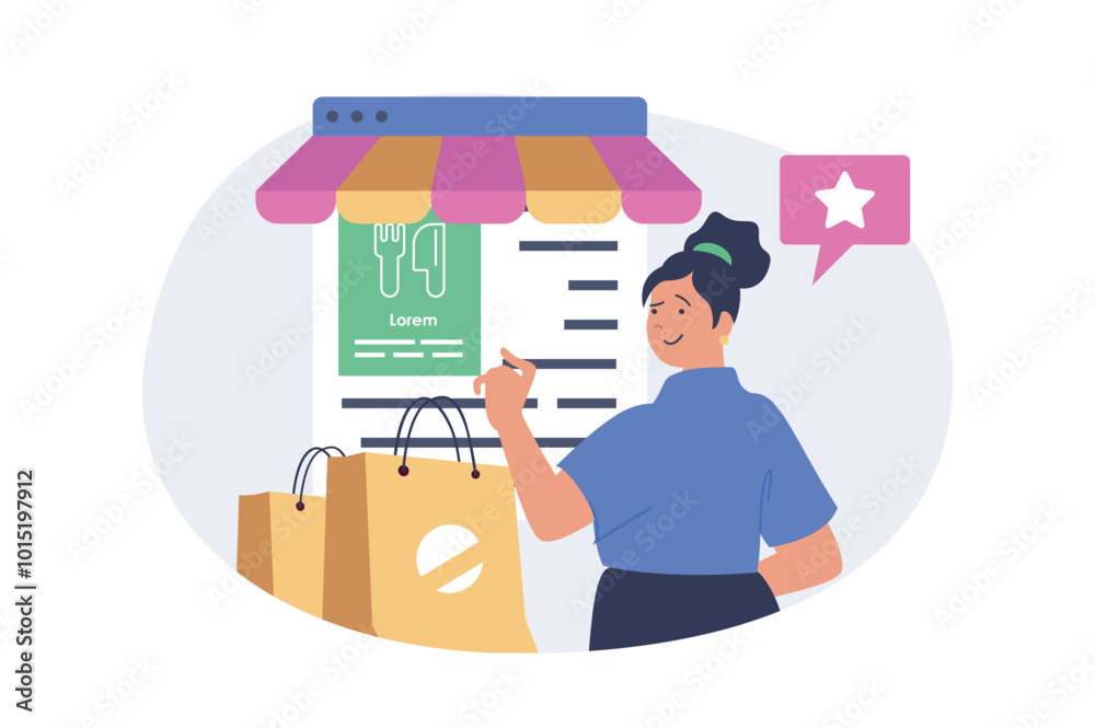 Poster mobile commerce concept in modern flat design for web. woman with shopping bags making online order 