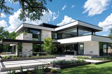 A contemporary house featuring a black and white exterior, a flat roof, and a seamless integration...