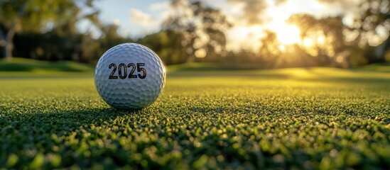 Close-up of a golf ball with 2025 printed on it, resting on a green fairway with blurred background of trees and a sunset.
