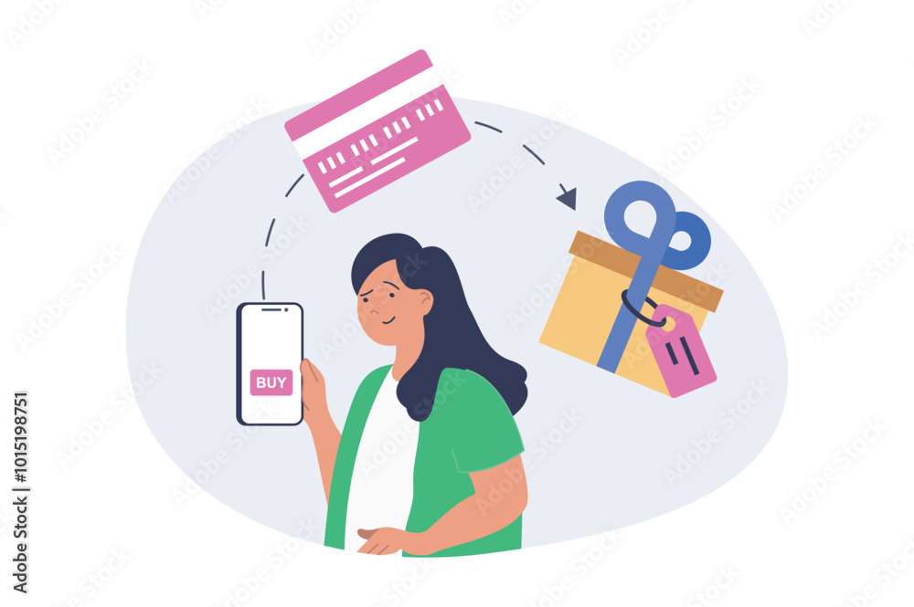 Poster mobile commerce concept in modern flat design for web. woman making online purchases using smartphon