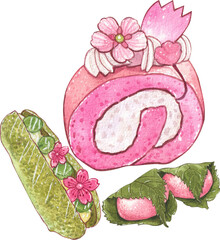  Pink Sakura Roll Cake, Green Tea Bread with Cream and Sakura, Pink Sakura Mochi, Japanese confections, watercolor painting hand-drawn illustration.