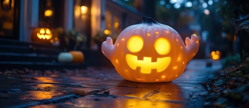 A glowing white jack-o-lantern with a friendly face sits on a stone pathway outside a home on a fall evening, illuminated by the warm light of the jack-o-lantern's candle.