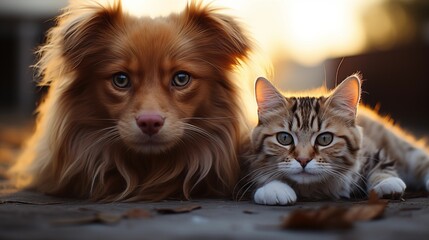 Cat and dog together isolated on white background.