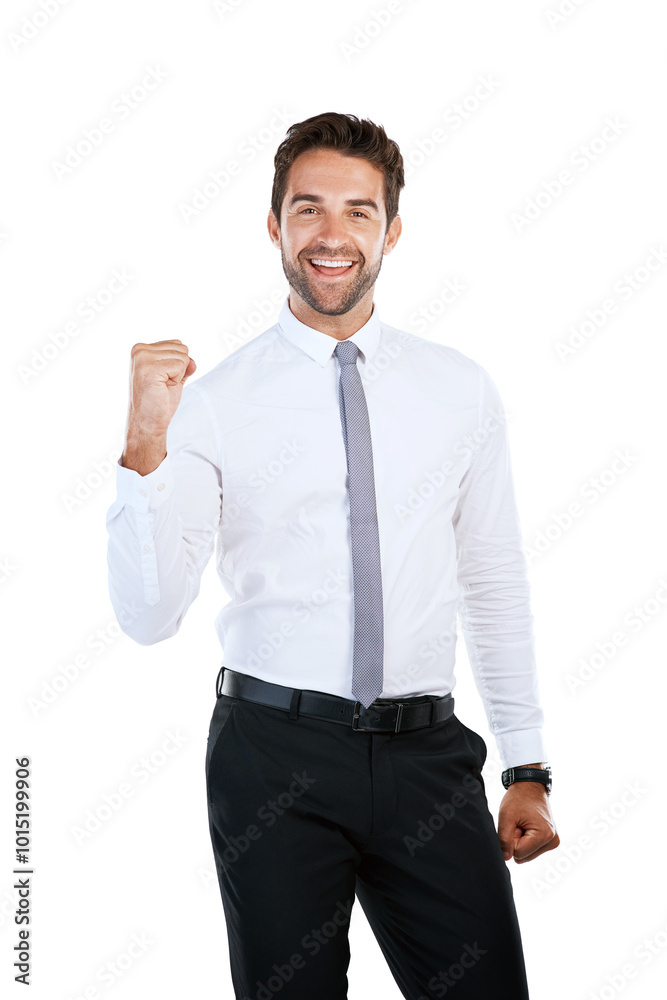 Poster Studio, portrait and businessman with fist pump for winning, achievement and success for sales target. Career, male person and excited with hands gesture for victory, promotion and white background