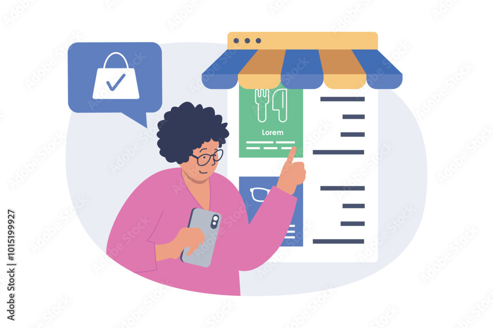 Aufkleber mobile commerce concept in modern flat design for web. woman choosing food products in menu of inter